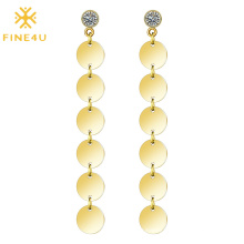 Elegant female gold geometric tassel disc hoop dangling stainless steel women long earrings